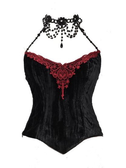 Victorian Goth Handmade Beads Halter Neckline Velvet Corset Top