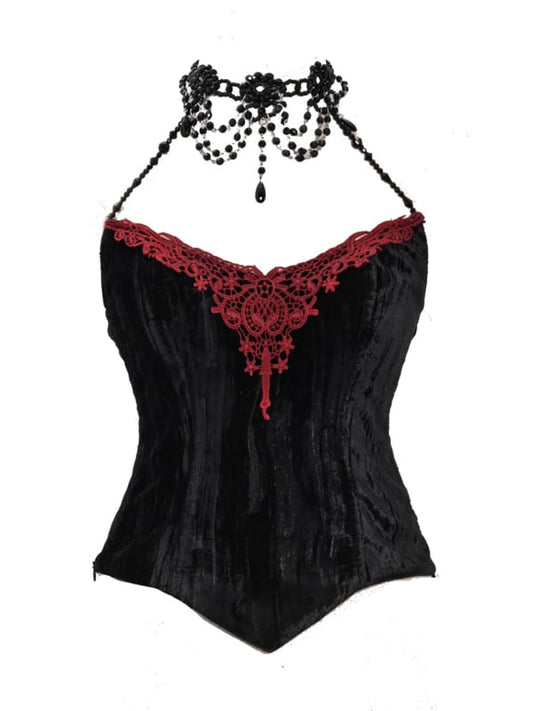 Victorian Goth Handmade Beads Halter Neckline Velvet Corset Top