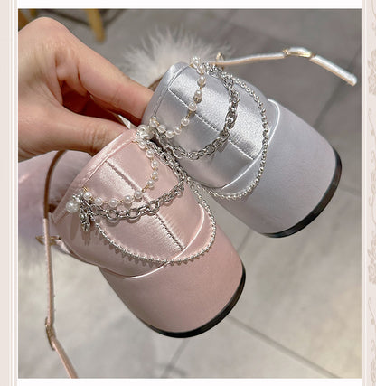 Light Pink/Light Gray Feather Rhinestone Bow at Top Mary Janes with Beaded Chain