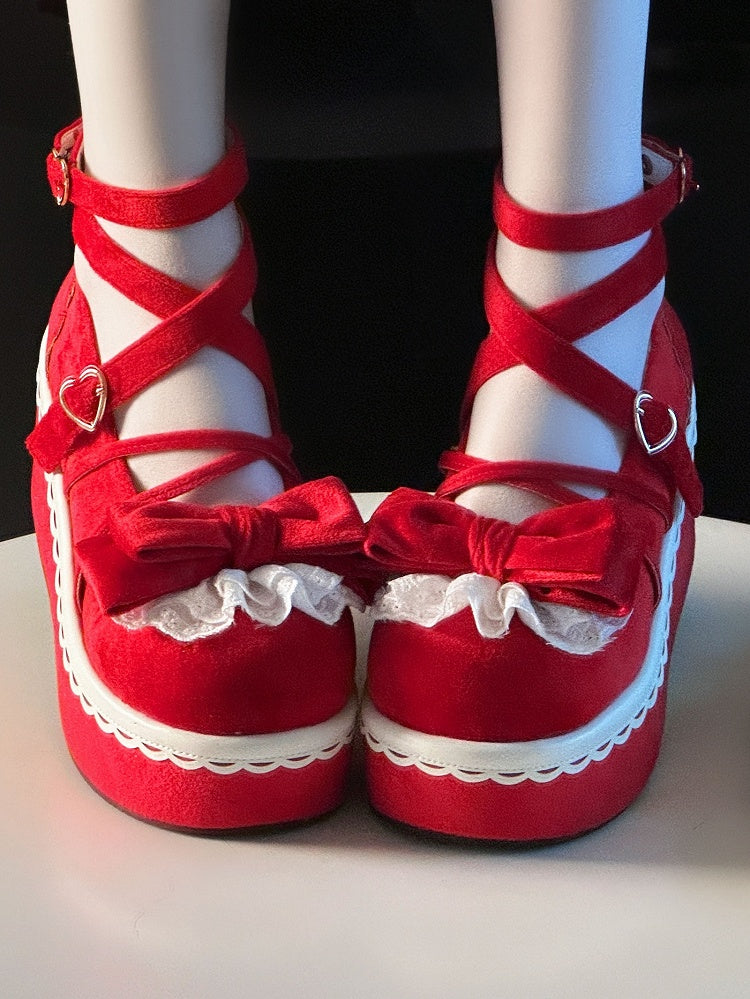 Red Velvet Mary Janes for Lolita - Lace Accented Bow with Romantic Clasp & Crisscross Design