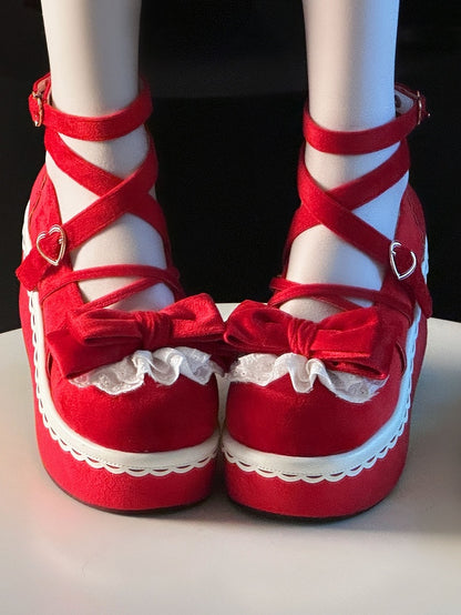Red Velvet Mary Janes for Lolita - Lace Accented Bow with Romantic Clasp & Crisscross Design