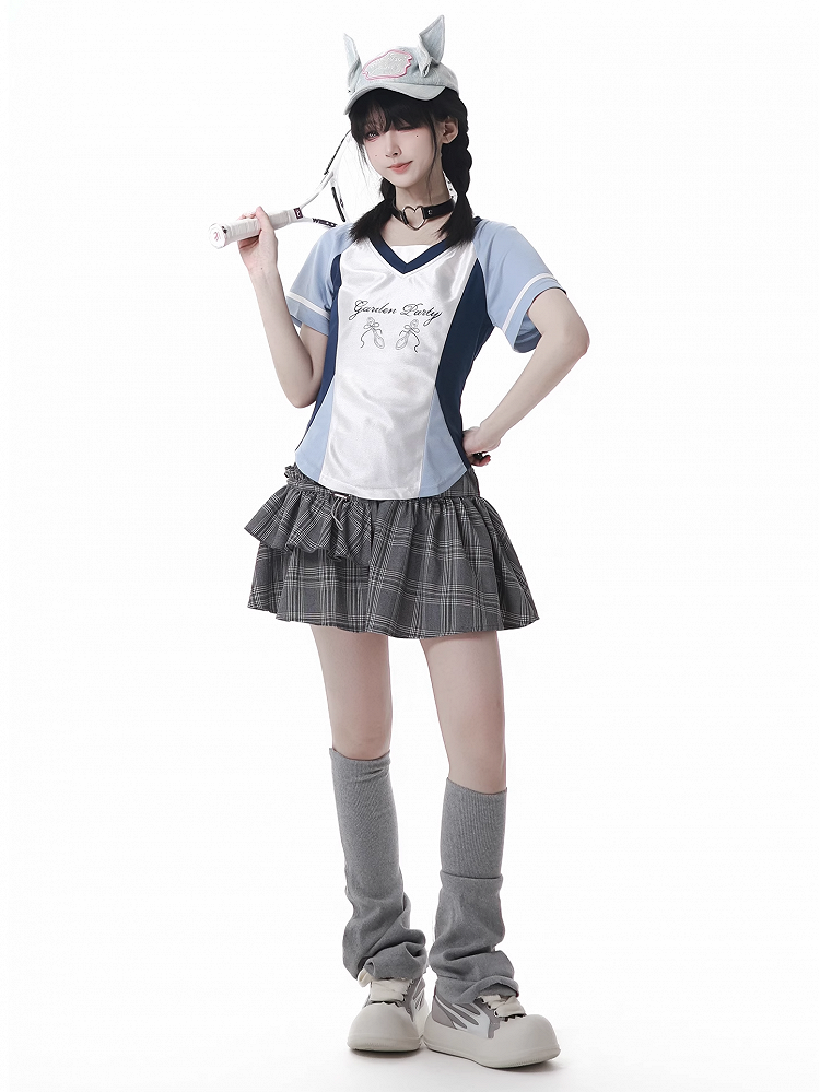 Gray Elastic Waist Tiered Plaid Skirt