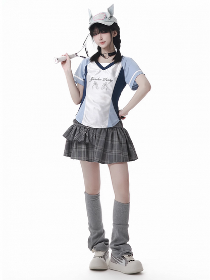 Gray Elastic Waist Tiered Plaid Skirt