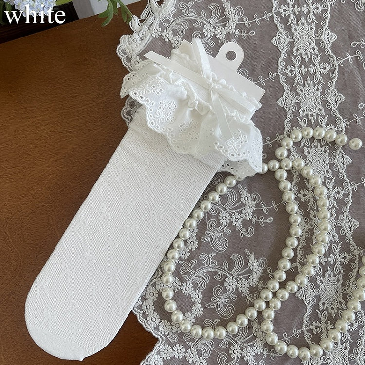 Black/White/Apricot Bowknot Details Lace Trim Hollow-out Socks