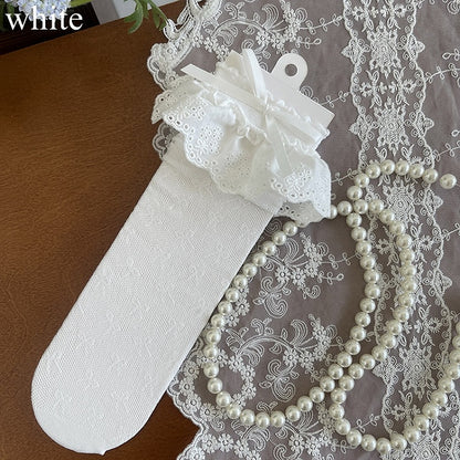 Black/White/Apricot Bowknot Details Lace Trim Hollow-out Socks