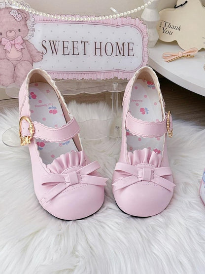 PU Pink Sweet Lolita Mary Janes - Round Toe Mid Heel with Bow, Ruffle Trim & Scalloped Strap