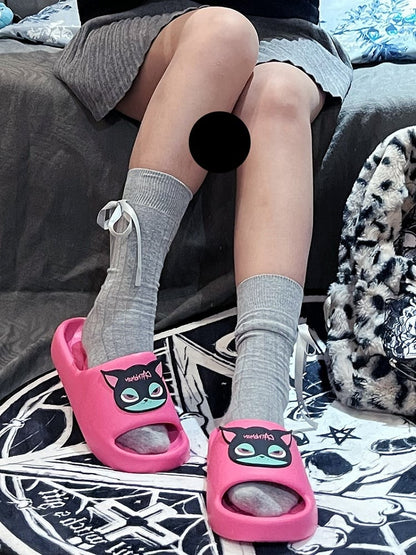 Pink Gothic Summer Slippers With Black Pink and Green Cat Applique