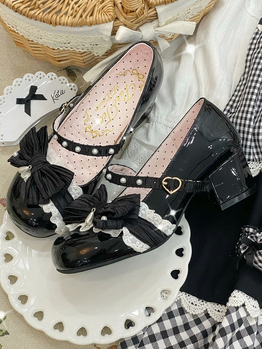 Black Beaded Decorated Bow at Top 2.5CM/5CM Block Heels Round Toe Shoes