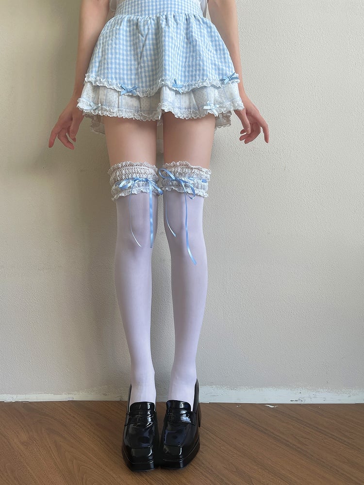Blue/White Bowknot Details Lace Trim Overknee Stockings