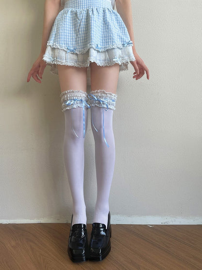 Blue/White Bowknot Details Lace Trim Overknee Stockings