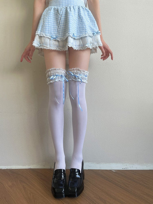 Blue/White Bowknot Details Lace Trim Overknee Stockings