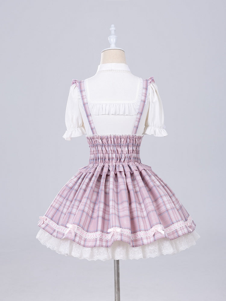 Pink Lace-up High Waist Jirai Kei Plaid Skirt with Detachable Flutter Straps