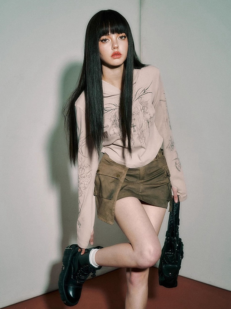 Punk Rock Cross and Spiderweb Print Camel Sun Protection Hooded Top