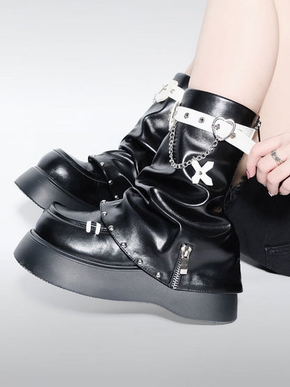 Black Punk Cross Decorated Heart Buckle Studs Details Platform Boots