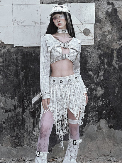 Grey Punk Buckle Closure Padded Shoulders Cropped Top