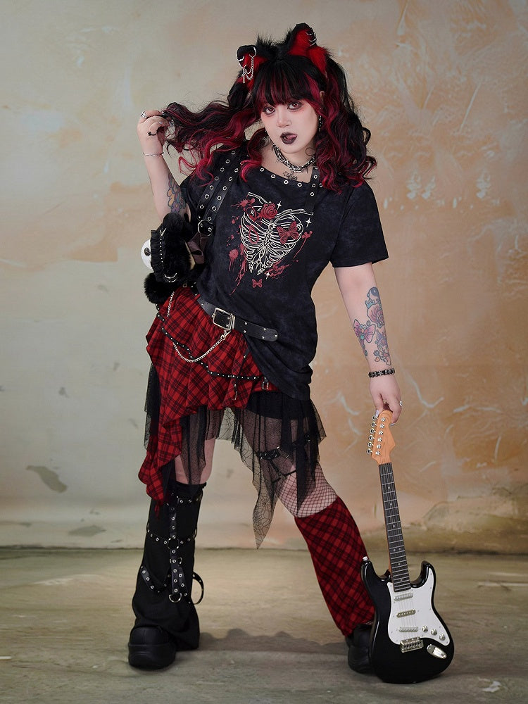 Plus Size Black Skeleton Print Punk T-shirt Buckle Shoulder Strap