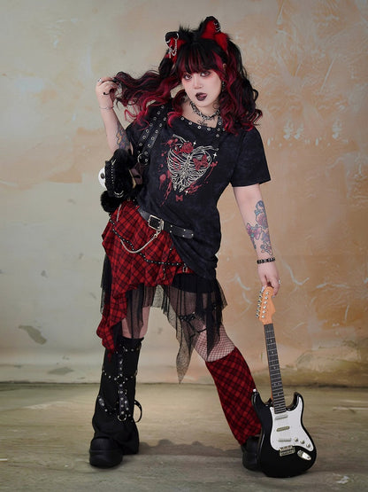 Plus Size Black Skeleton Print Punk T-shirt Buckle Shoulder Strap