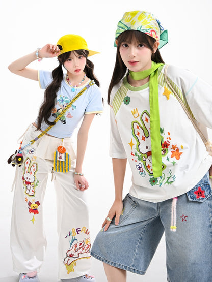 Cartoon Girl Print Blue Round Neck Cropped T-shirt with Free Necklace