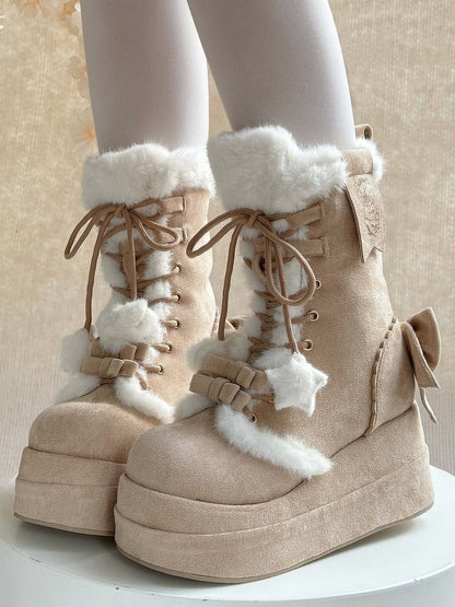 Light Brown Sweet Lolita Platform Boots with Cozy Fleece Lining, Lace-up Closure & Bow Details
