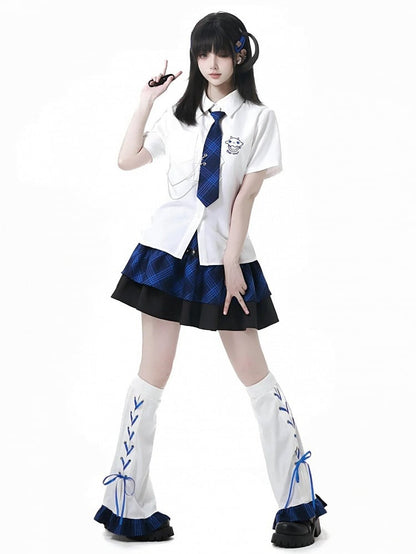 Adorable Jellyfish Embroidery White Short Sleeves Shirt with Blue Plaid Tie