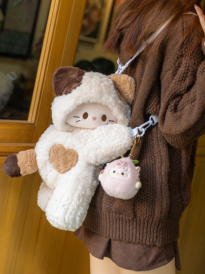 White Kitty-shaped Plush Backpack/Crossbody Bag + 4 Options Keychain Small/Middle/Large Size