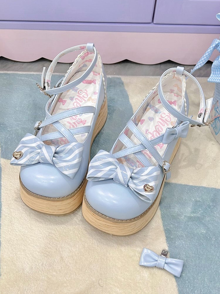 Striped Bow Accents Blue Round Toe Sweet Lolita Platforms Buckle Straps