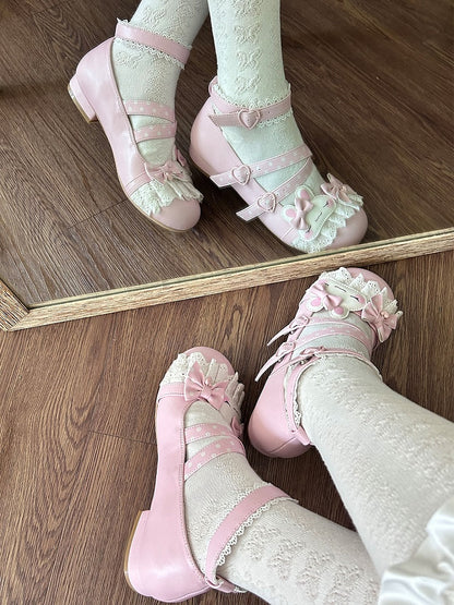 Pink Polka-dot Pattern Crisscross Design Bowknot Details Bunny Applique Lace Trim Sweet Lolita Shoes