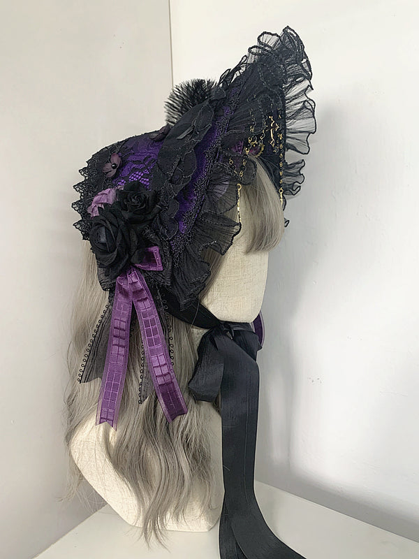 Gothic Cross Chains Floral Design Black and Purple Gorgeous Elegant Bonnet