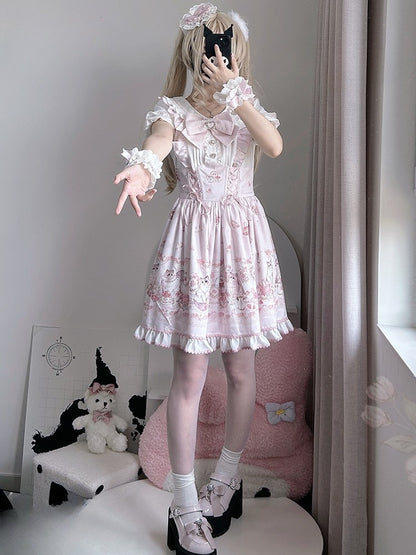 Clearance-Pink Jirai Kei Rhinestone And Bowknot Decorated Lace Trim Heart-shaped Hairclip