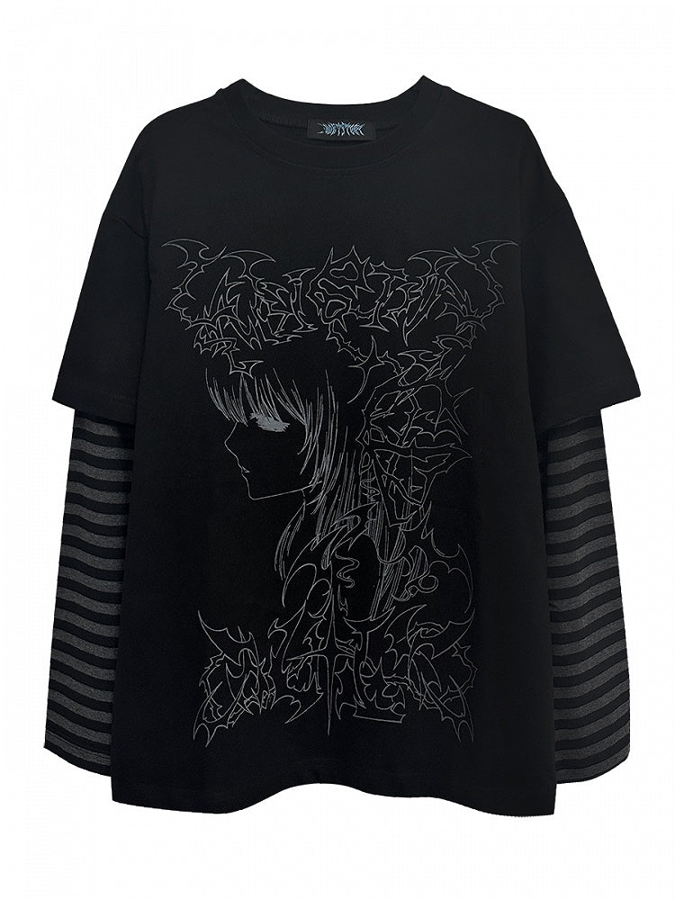 Black Emo Punk Girl Print Striped Sleeves Graphic T-shirt