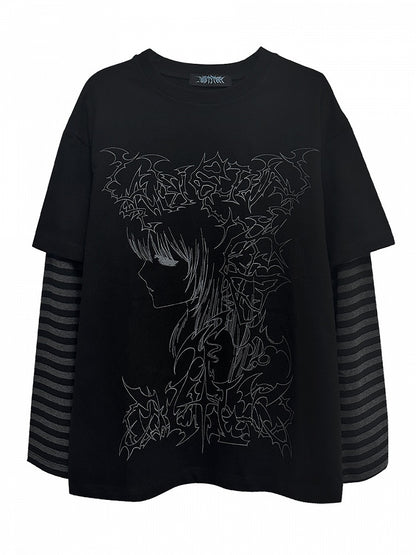 Black Emo Punk Girl Print Striped Sleeves Graphic T-shirt