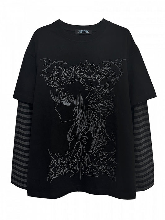 Black Emo Punk Girl Print Striped Sleeves Graphic T-shirt