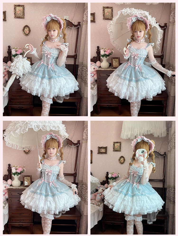 Light Blue Flutter Sleeves Three-layered Tiered Skirt Balletcore Sweet Lolita Jumper Skirt