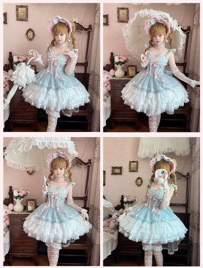 Light Blue Flutter Sleeves Three-layered Tiered Skirt Balletcore Sweet Lolita Jumper Skirt