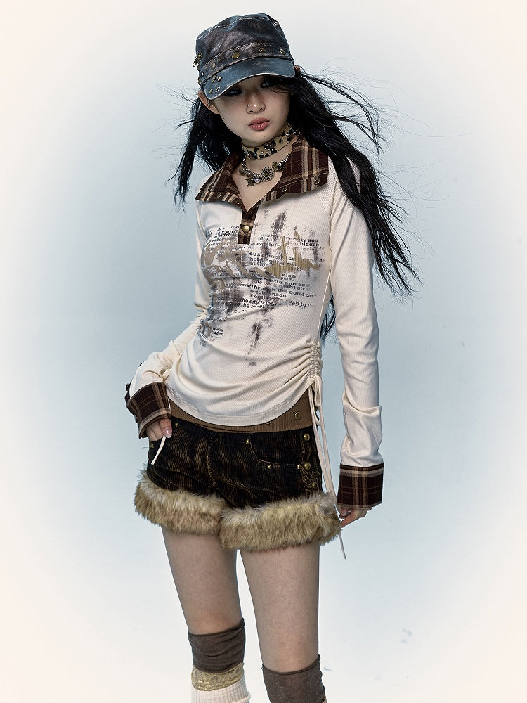 Plush Trim Corduroy Black & Yellow Shorts