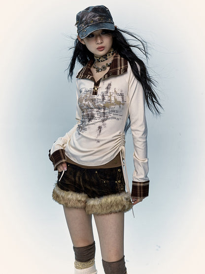 Plush Trim Corduroy Black & Yellow Shorts