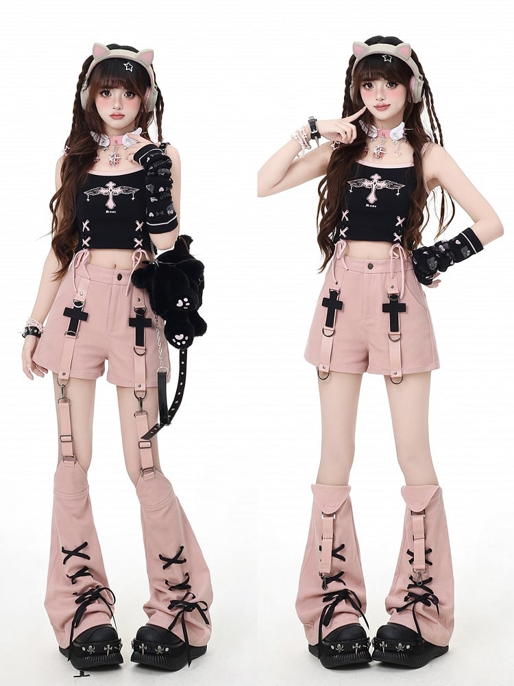 Pink Cross Embellished Shorts with Lace-up Detail Detachable Leg Warmers