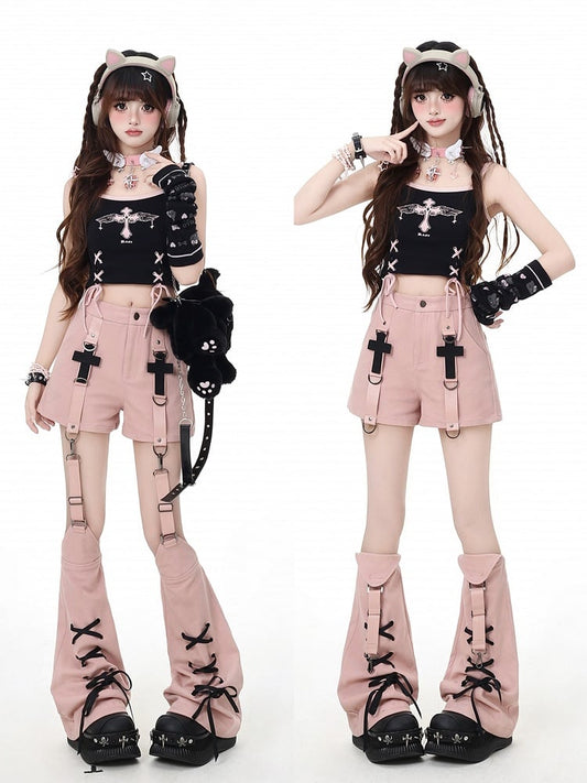 Pink Cross Embellished Shorts with Lace-up Detail Detachable Leg Warmers