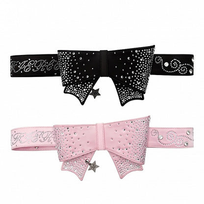 Pink/Black Big Bow Stud Details Rhinestones Embellished Waist Belt