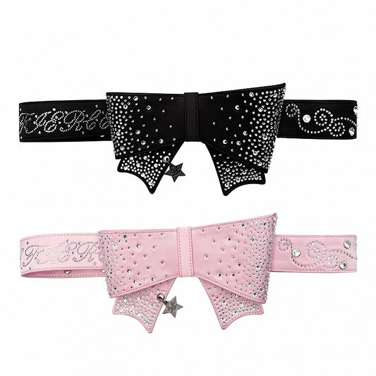 Pink/Black Big Bow Stud Details Rhinestones Embellished Waist Belt