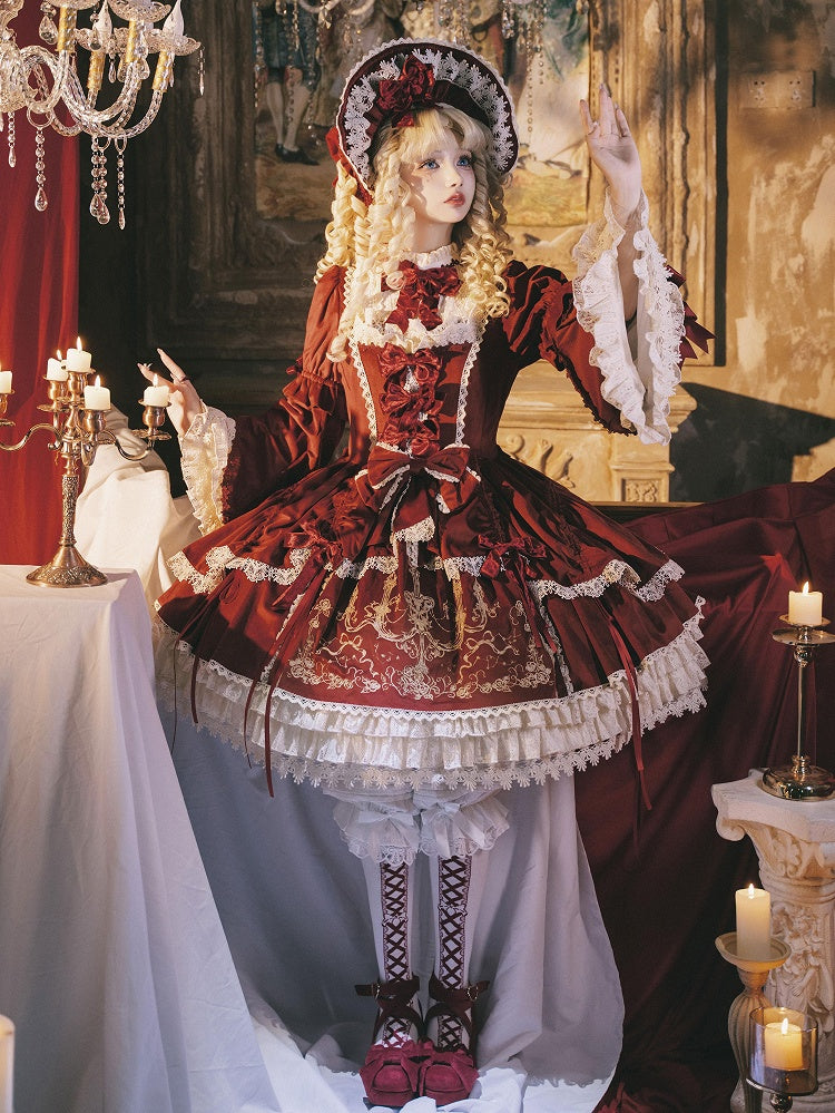 Candle and Candlestick Embroidery Red Bell Sleeves Velvet Dress Lolita OP / Set