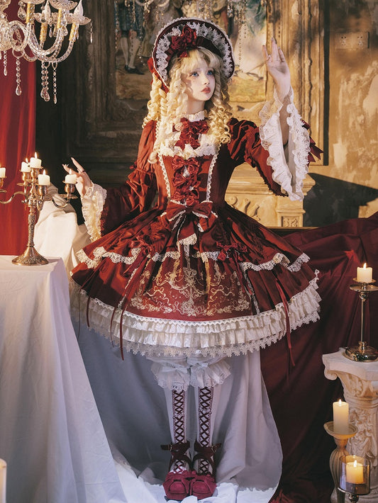 Candle and Candlestick Embroidery Red Bell Sleeves Velvet Dress Lolita OP / Set