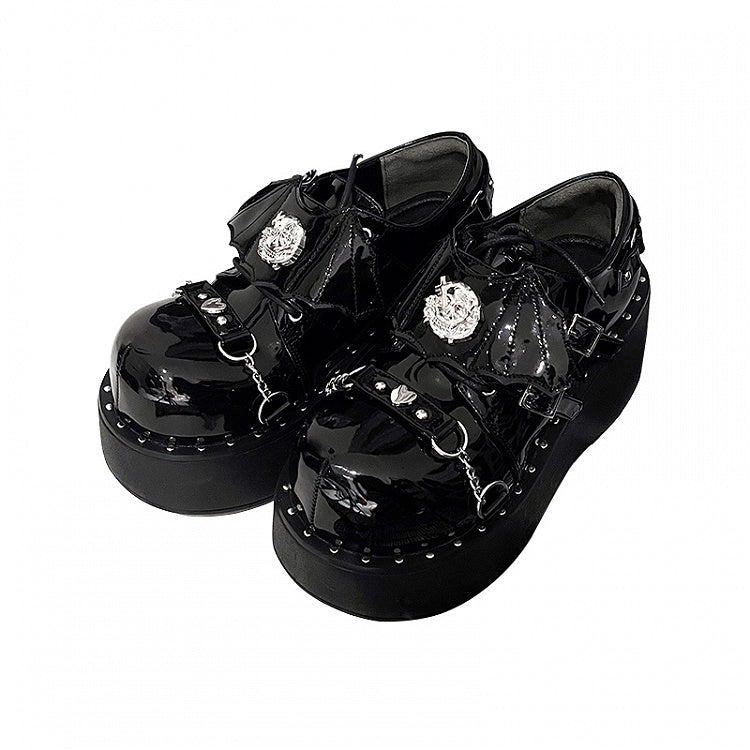 Devil Wings Punk Black Platforms Silver-tone Studs Goth Shoes