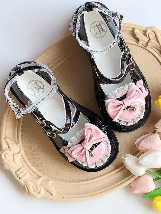 Black & Pink Bow at Top Crisscross Buckle Straps Sweet Lolita Platform Mary Janes