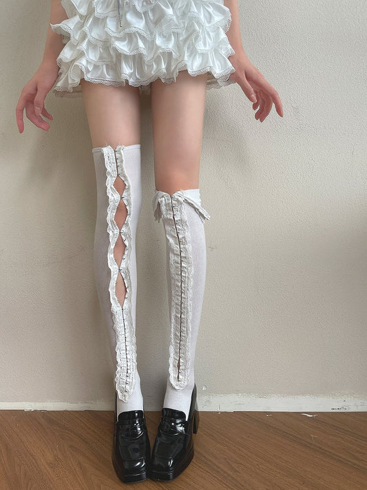 White/Black Ruffle Trim Overknee Stockings