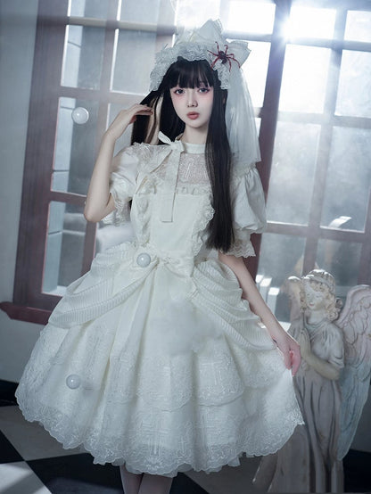 Clearance-Size M for Bust 90CM White Spider Web and Cross Embroidery Shiro Lolita Dress Embroidered Scalloped Edge Trim Skirt