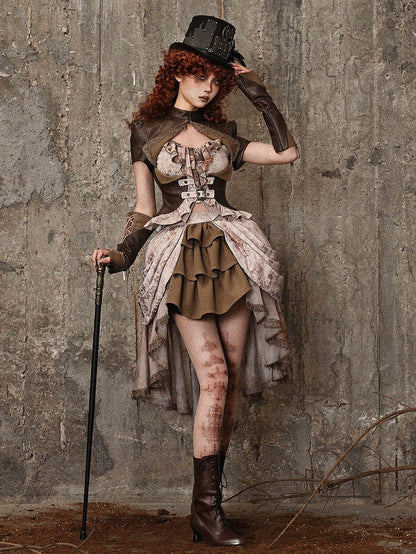 Brown Steampunk Open Bust PU Leather Banded Collar Top