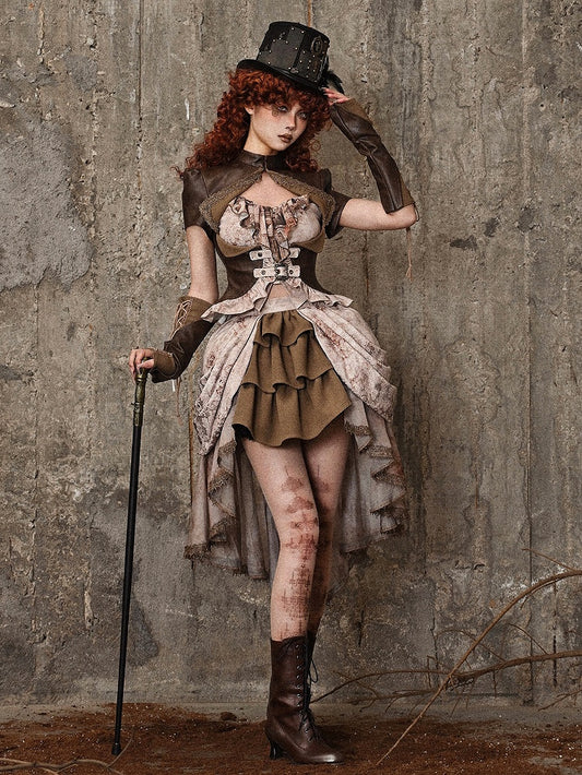 Brown Steampunk Open Bust PU Leather Banded Collar Top