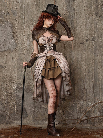 Brown Steampunk Open Bust PU Leather Banded Collar Top