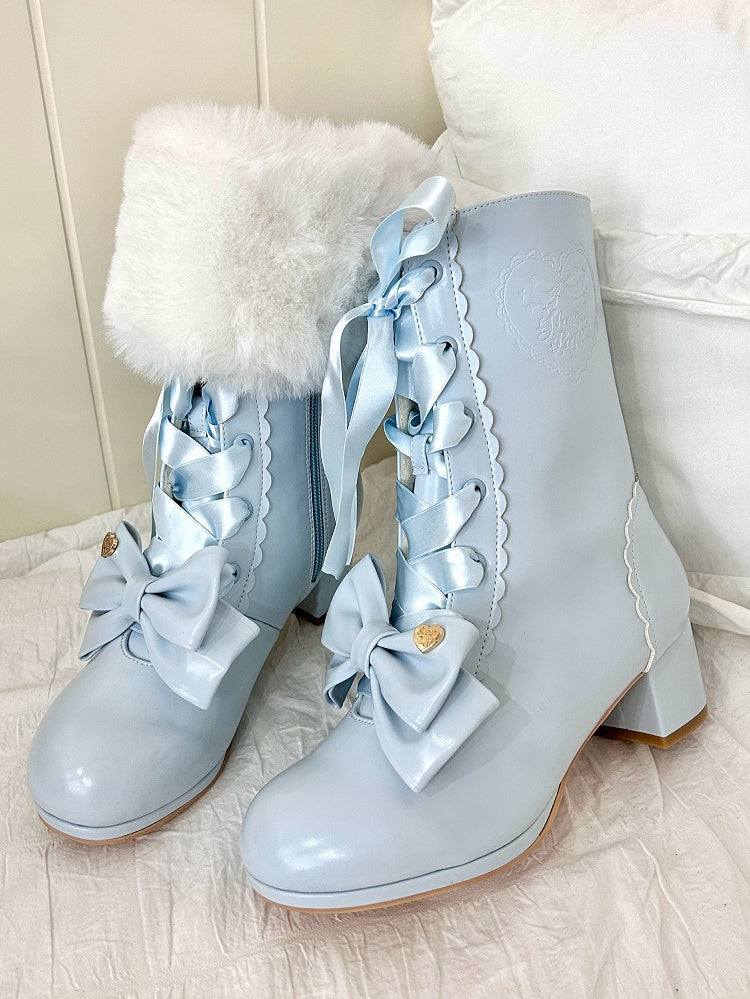 Mid-heel Sweet Blue Lolita Boots with Bow-shaped Shoe Clips & Detachable Plush Cuff